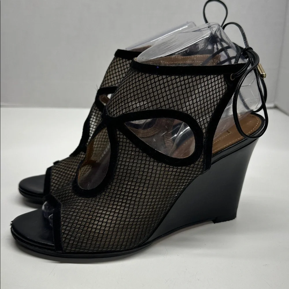 Aquazzura Sexy Thing Suede Wedges Heeled Sandals Open Toe Mesh Black Size 7.5